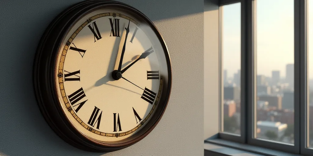 a clock that is on the side of a wall in a room with a window and a city view, Enguerrand Quarton, c