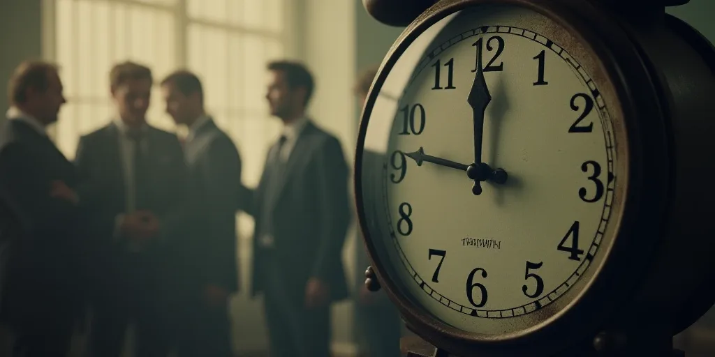 a clock with a group of men in the background with a blurry image of a clock face in the foreground,
