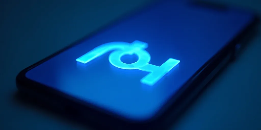 a close up of a blue and white logo on a cell phone with a blue light shining on it, Ai-Mitsu, affin