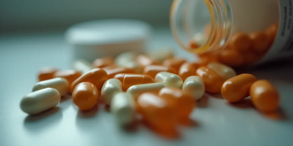 a close up of a bottle of pills with a lot of pills in it and a lot of pills in the bottle, Dr. Atl,