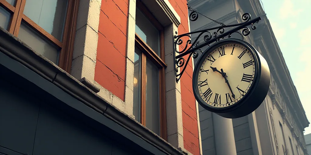 a close up of a building with a sign on it's side and a clock on the outside of it, Évariste Vital