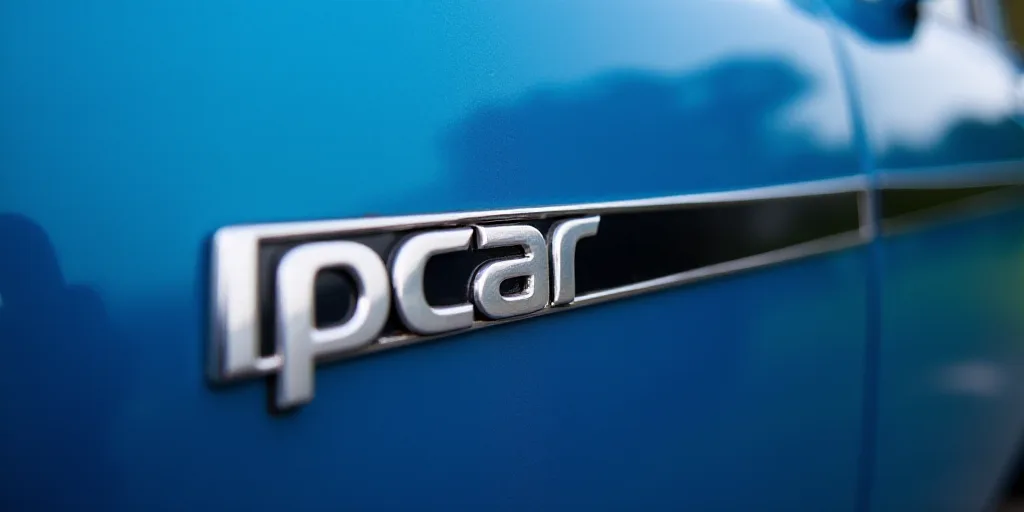 a close up of a car emblem on a blue car with white letters on it's side and a black and white strip