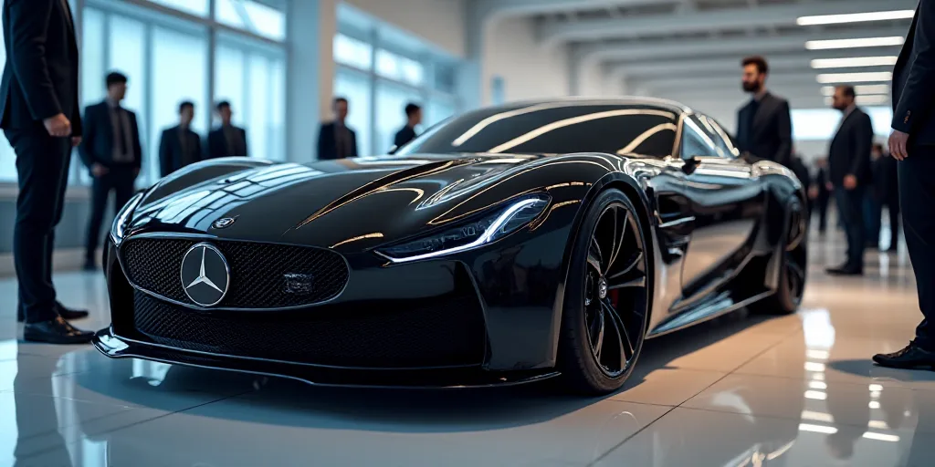 a close up of a car on display at a showroom with people looking at it and a man standing next to it