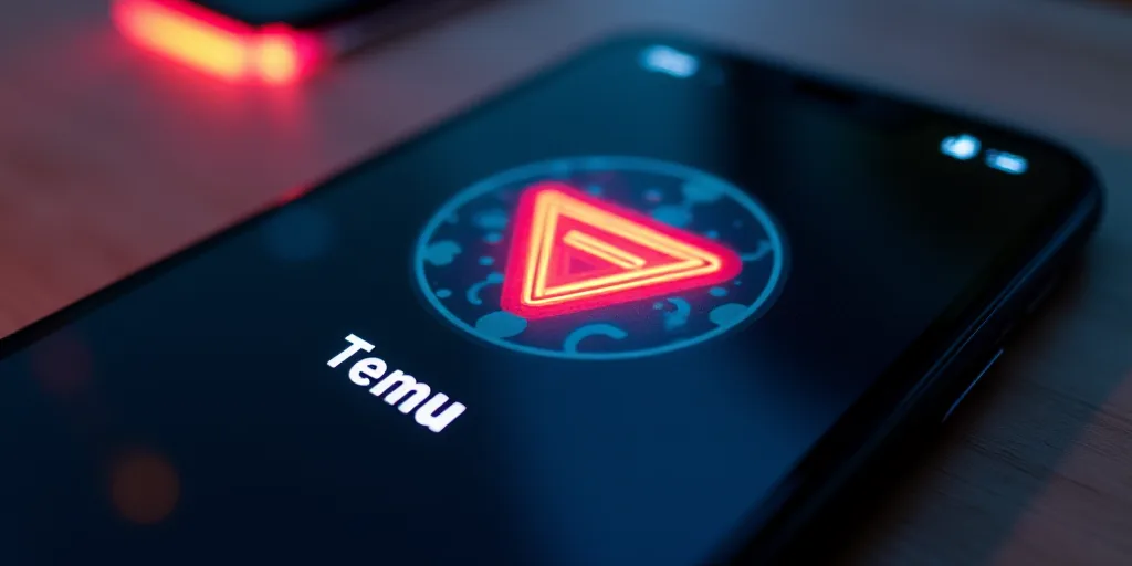 a close up of a cell phone with a temu logo on it's screen and a s on the screen, Baiōken Eishun, a