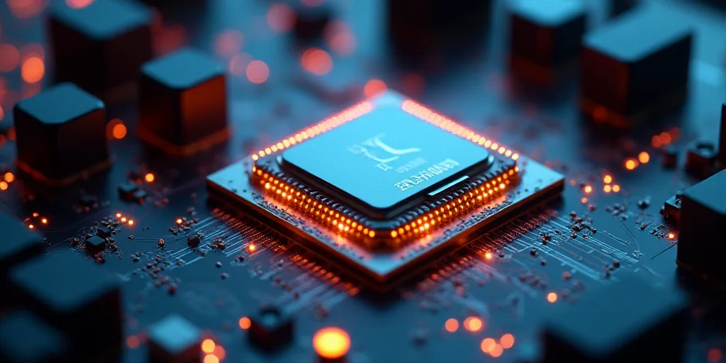 a close up of a cpu chip on a computer board with a chip chip on it's side, Andries Stock, rtx on, a