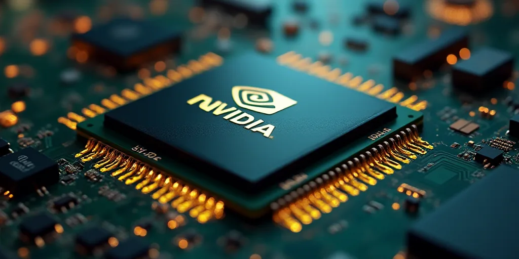 a close up of a cpu chip with the logo of nvidia on it's side and a circuit board in the background,