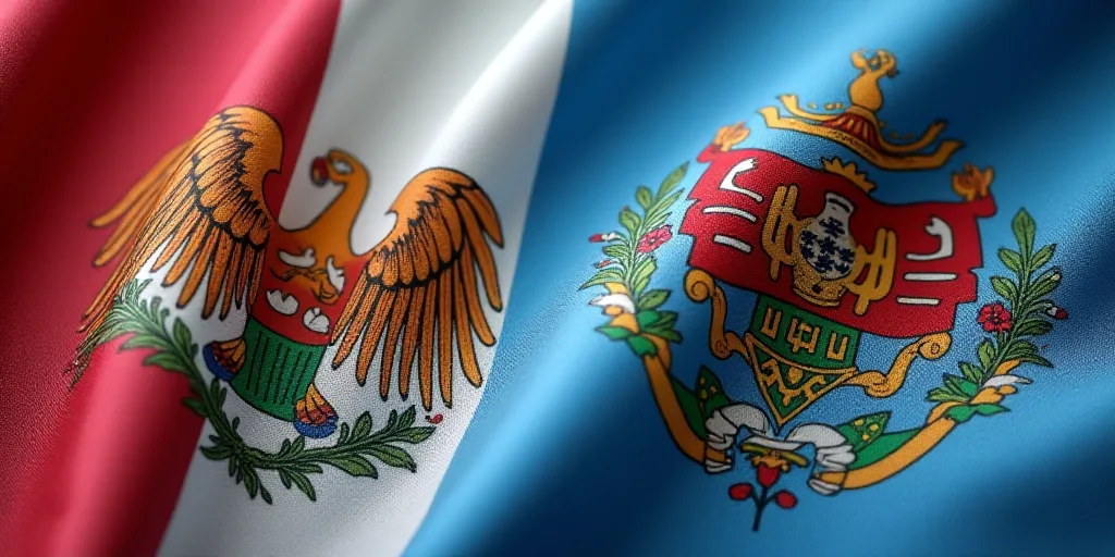 a close up of a flag with a bird on it's back end and a flag with a coat of arms on it, Aquirax Uno,