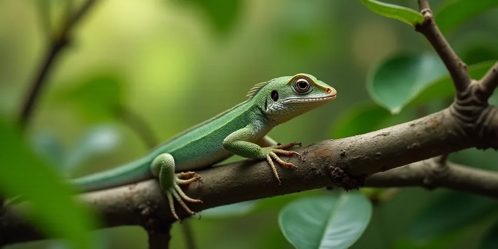 a close up of a lizard on a tree branch with a blurry background of leaves and branches in the foreg