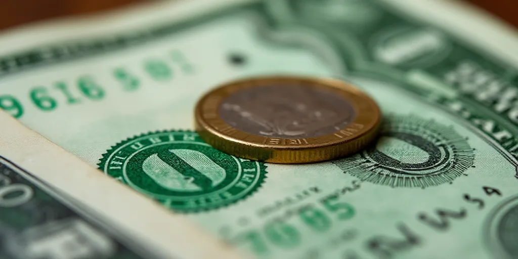 a close up of a one dollar bill with a coin on top of it and a green and white one dollar bill, Aqui