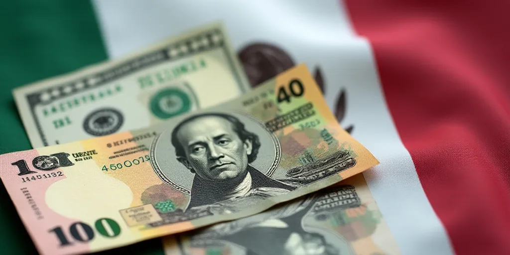 a close up of a one hundred mexican peso bill with a hundred dollar bill in the background with a me