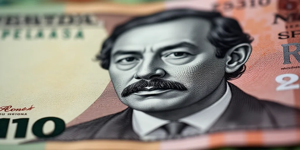 a close up of a one hundred mexican peso bill with a portrait of president ronald castro on it, Bren