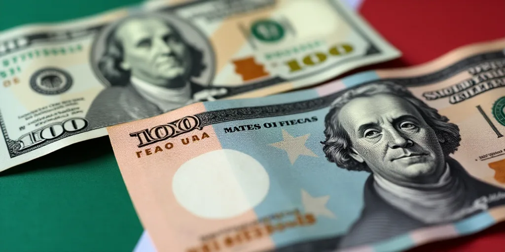 a close up of a one hundred mexican peso bill with a hundred dollar bill in the background with a me