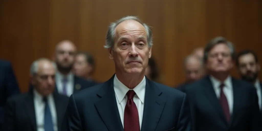a close up of a person wearing a suit and tie with other people in the background looking on and to