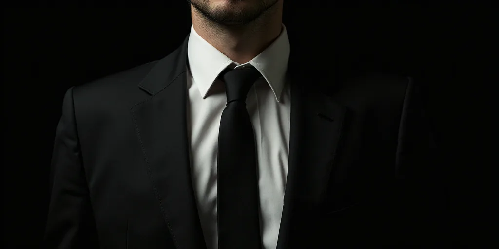 a close up of a person wearing a suit and tie with a black background and a white collared shirt, Ca