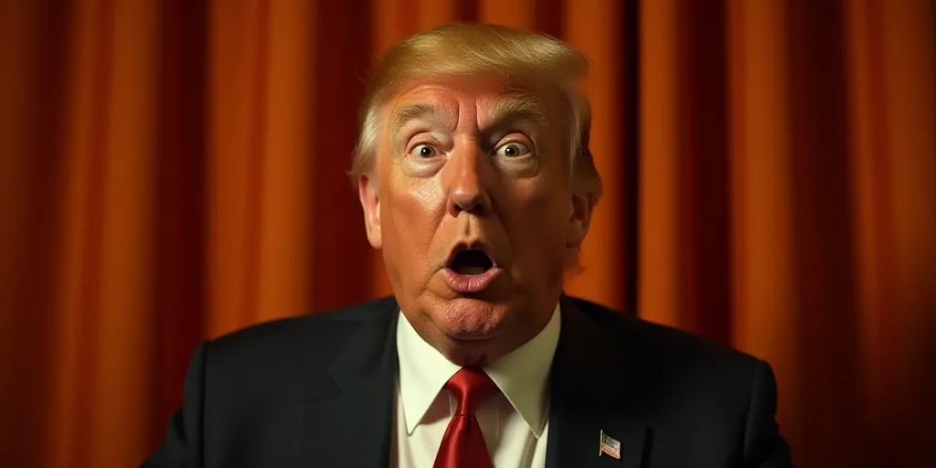a close up of a person wearing a suit and tie with a surprised look on his face and a curtain behind