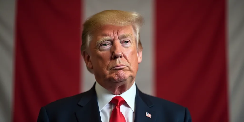 a close up of a person with a suit and tie on and a red and white flag in the background, Donald Rol