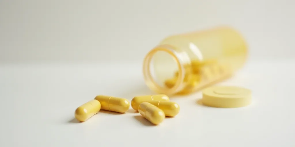 a close up of a pill bottle and pills on a table with a white background and a yellow cap, Cao Zhiba