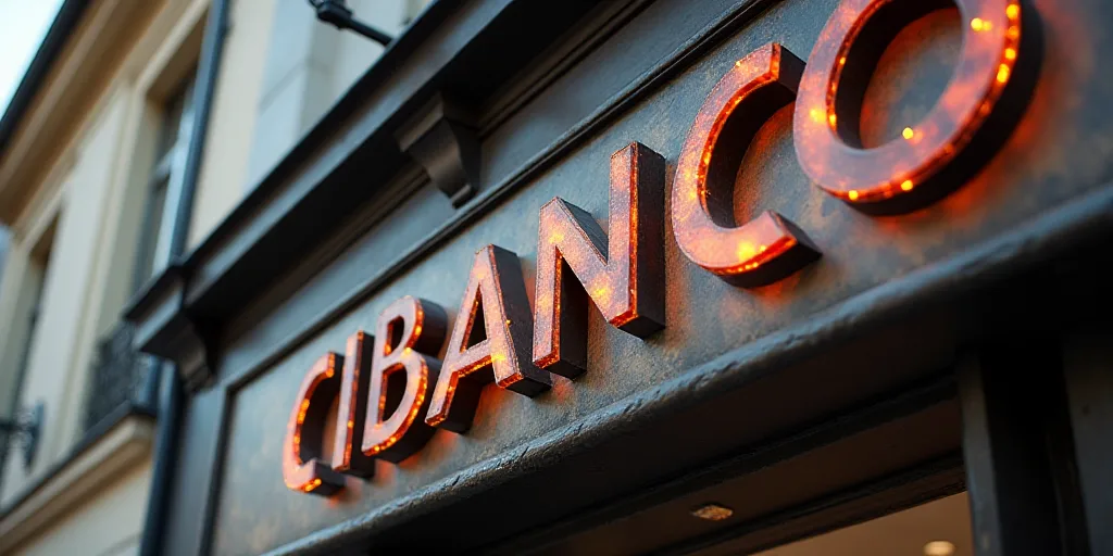 a close up of a sign on a building with a logo on it that says cibanco on it, Cui Bai, cgi, a flemis