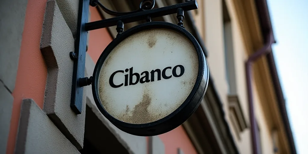a close up of a sign on a building with a logo on it that says cibanco on it, Cui Bai, cgi, a flemis