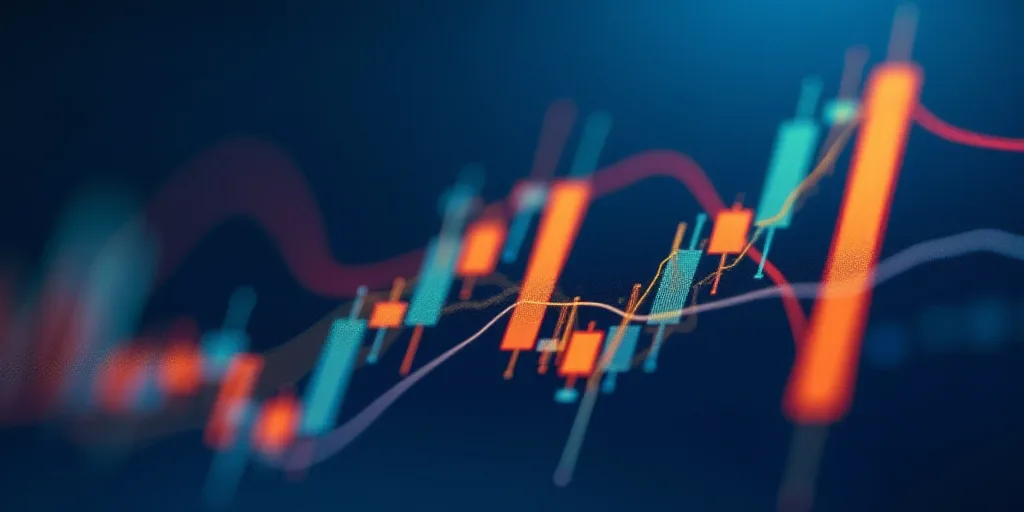 a close up of a stock chart with a blue background and orange and yellow bars on it, with a red and