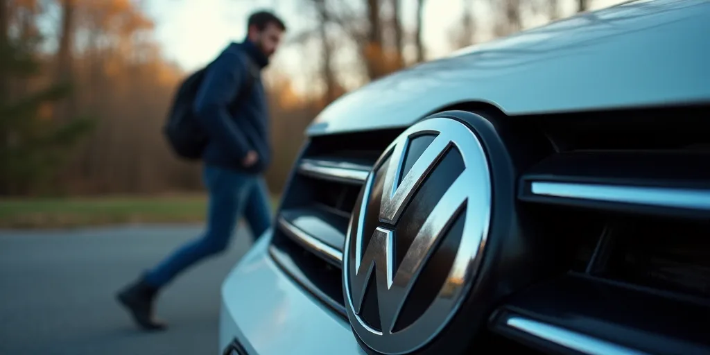 a close up of a vw emblem on a car's grille and a man walking by it, Ei-Q, finely detailed features,