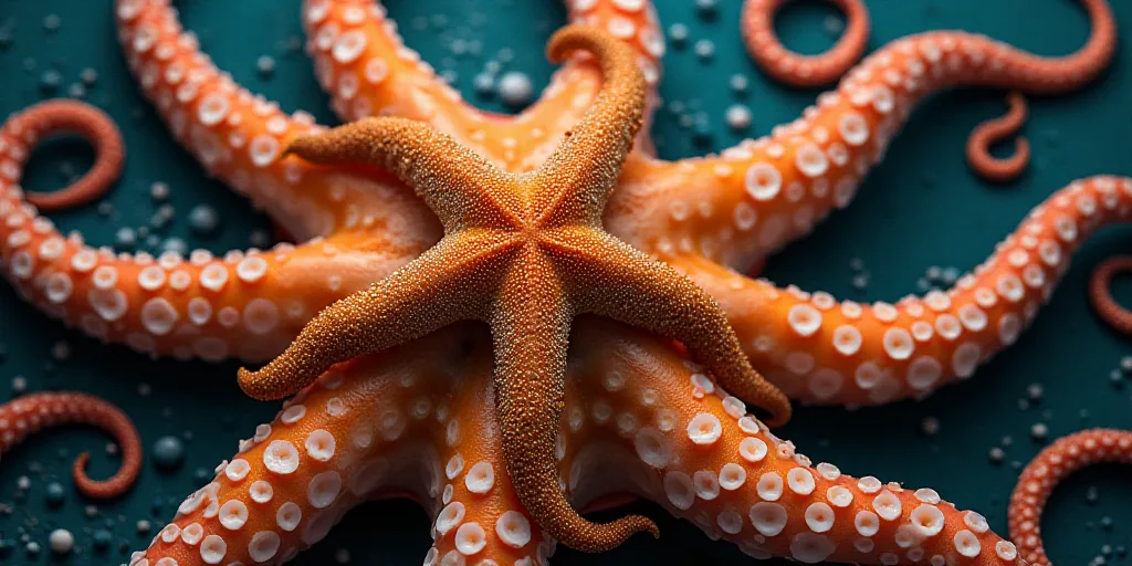 a close up of an octopus with many tentacles on it's back end and a starfish in the middle of the te