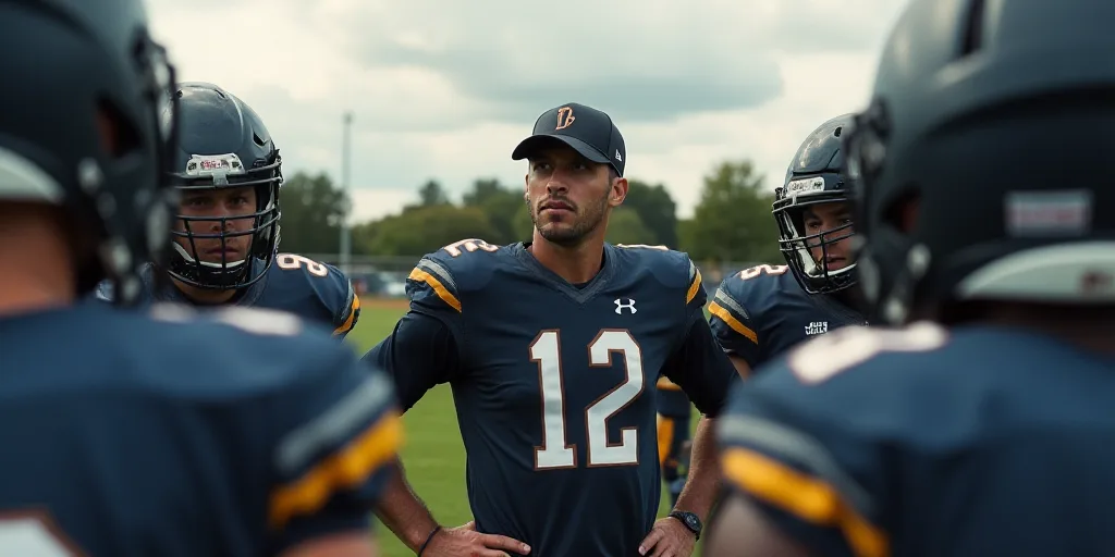 a coach talking to a football team in a huddle together in a field of helmets and helmets on, Byron