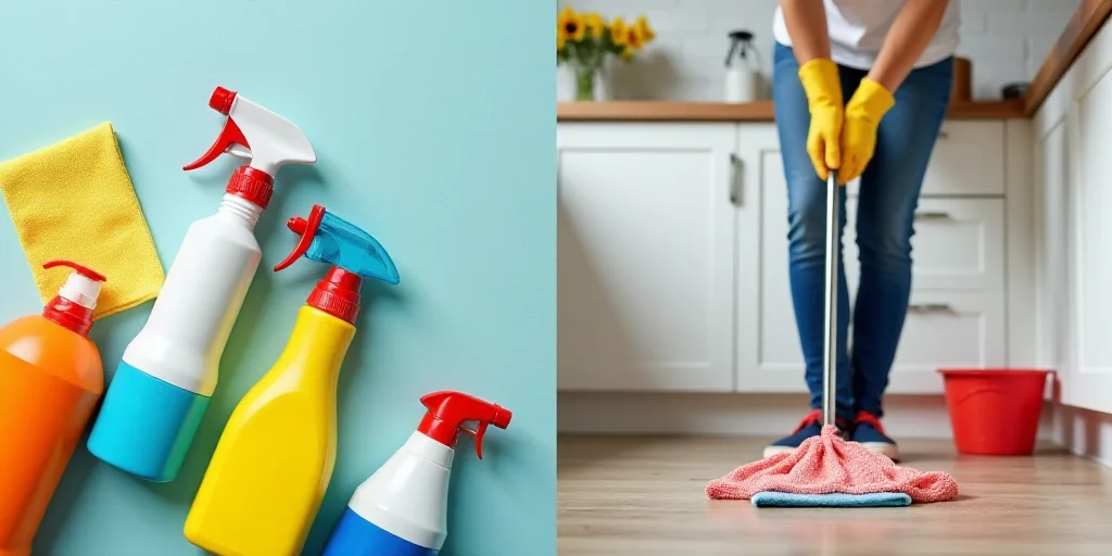 a collage of cleaning products and a person in a kitchen cleaning the floor with a rag and a rag, Ch