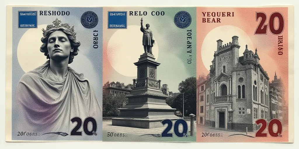 a collage of different currency with a statue in the background and a black and white photo of a bui