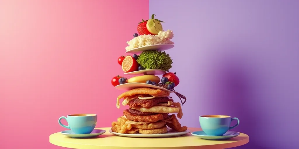 a collage of food and a cup of coffee on a table with a pink background and a purple background, Bou