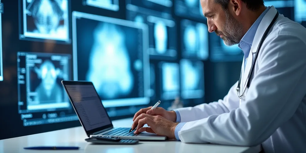 a collage of medical images with a doctor and a laptop and a calculator and a pen, Évariste Vital L