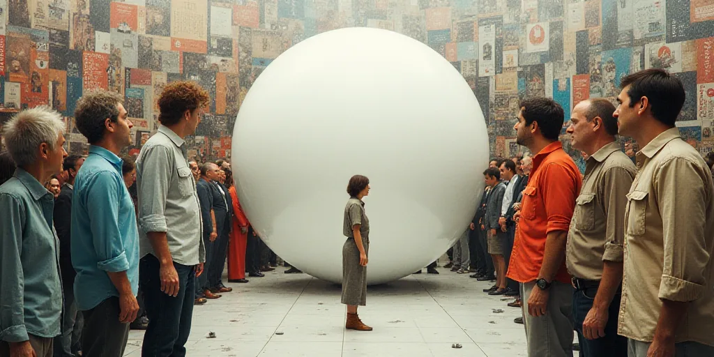 a collage of people with a large white object in the middle of them and a woman looking at it, Dahlo