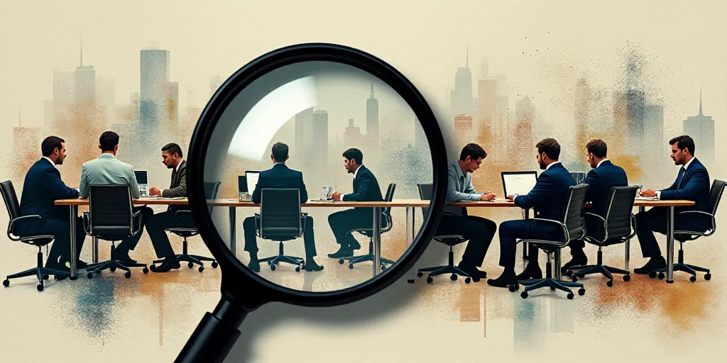 a collage of people working and working in a business setting with a magnifying glass in the foregro