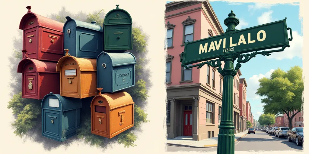 a collage of photos of mail boxes and a street sign with a building in the background and a street s