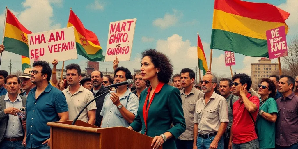 a collage of photos of people holding signs and flags and a woman speaking at a podium with a microp