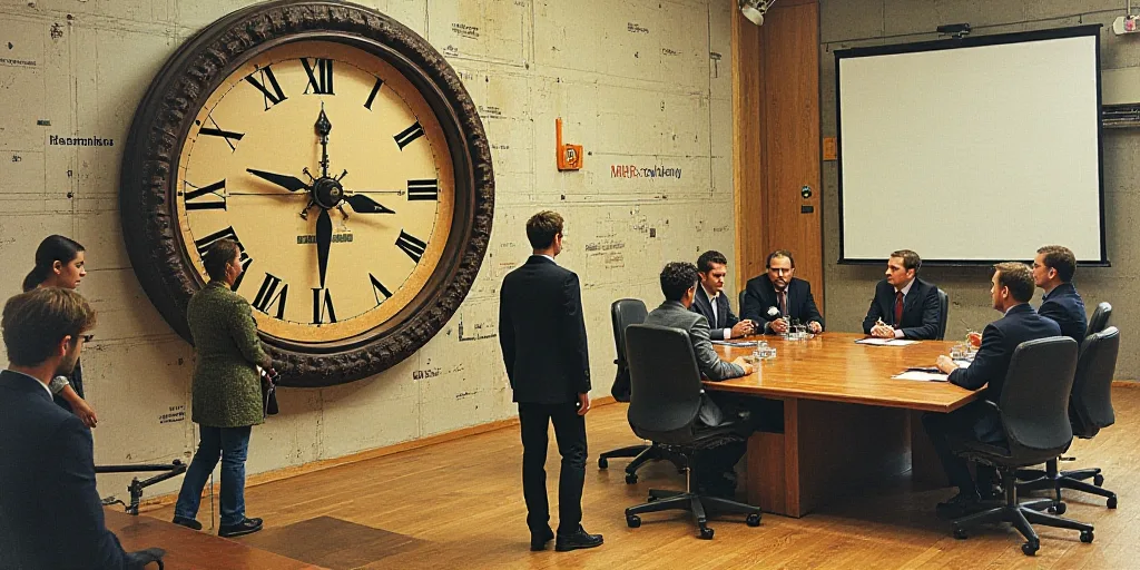 a collage of photos with a clock and people in the background and a photo of a meeting room, Aquirax