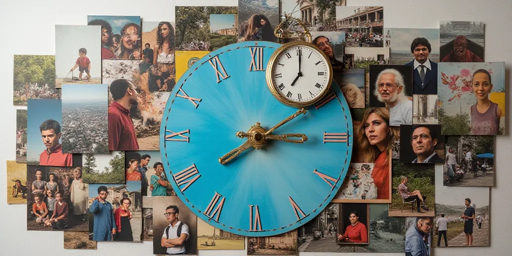 a collage of photos with a clock and a blue paper with a word on it and a group of people, Edi Rama,