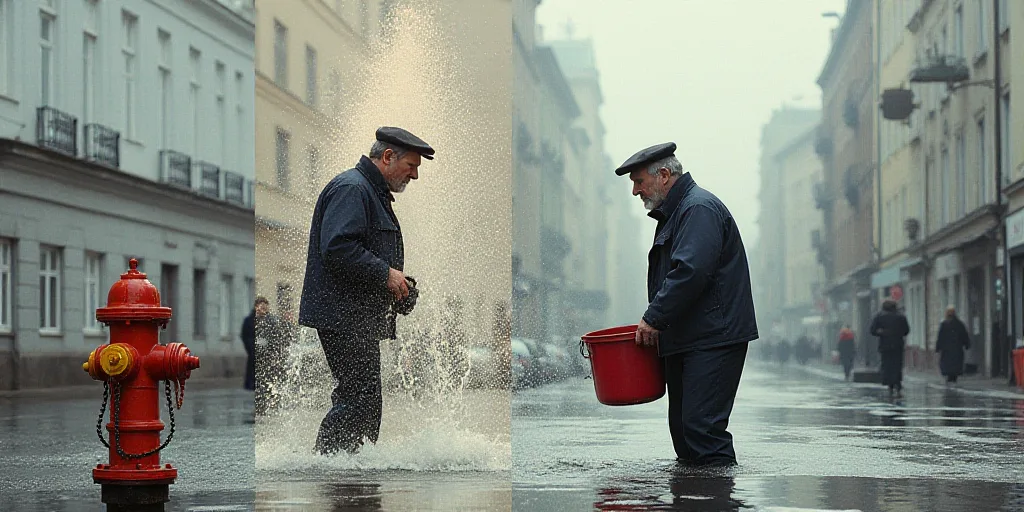 a collage of photos with a man and a fire hydrant and a man with a bucket of water, Constant Permeke