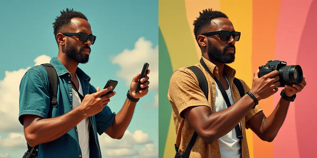 a collage of photos with a man holding a cell phone and a camera in his hand and a man holding a cel