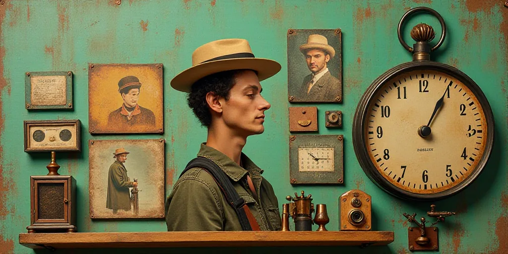 a collage of photos with a man and a clock and a calendar with a green background and a man in a hat