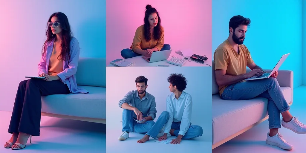 a collage of photos with a woman and a calculator and a man sitting on a couch, Évariste Vital Lumi