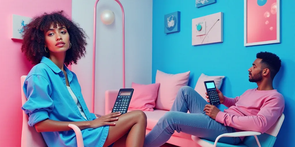 a collage of photos with a woman and a calculator and a man sitting on a couch, Évariste Vital Lumi