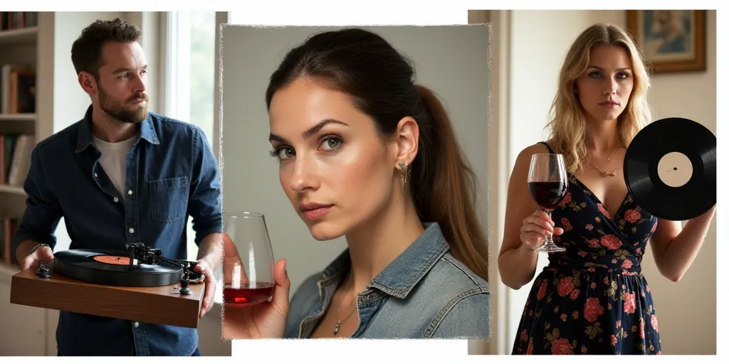 a collage of photos with people and objects in them, including a man holding a record player, a woma