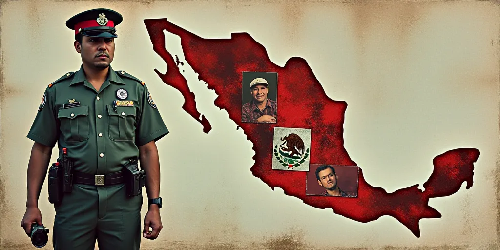 a collage of pictures with a man in uniform and a camera and a map of the country of mexico, Estuard