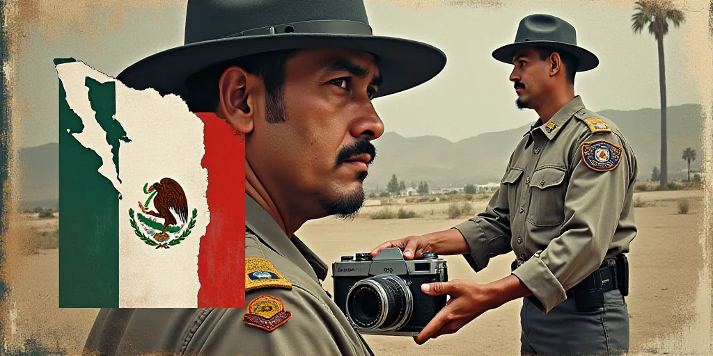 a collage of pictures with a man in uniform and a camera and a map of the country of mexico, Estuard