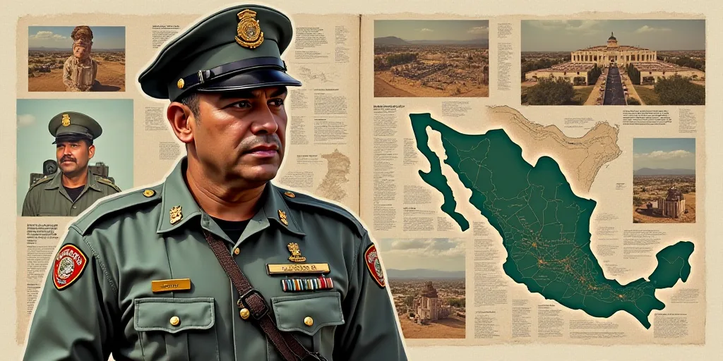 a collage of pictures with a man in uniform and a camera and a map of the country of mexico, Estuard