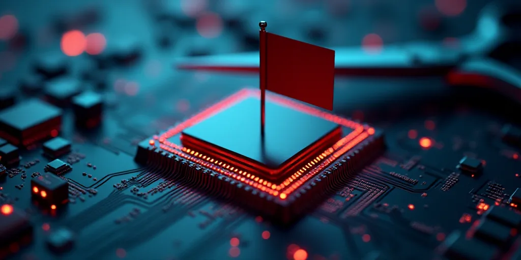 a computer chip with a flag on it being sold by a pair of scissors on top of it with a computer chip