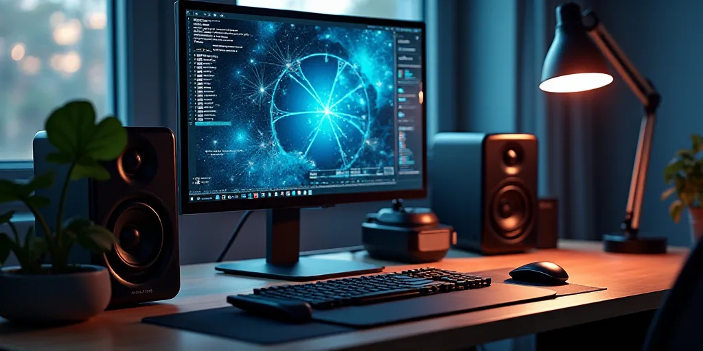 a computer desk with a monitor and speakers on it and a laptop on top of it with a mouse, Dahlov Ipc