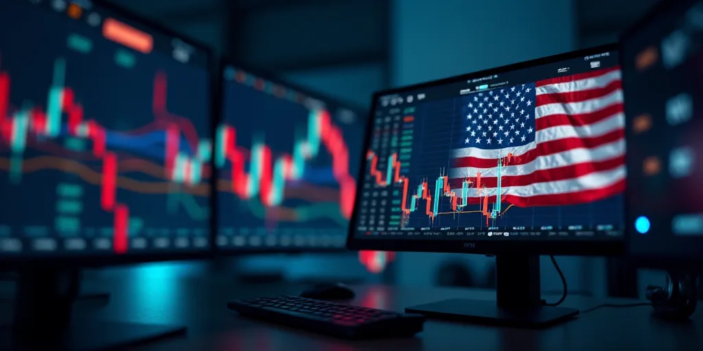 a computer screen with a flag and a stock market graph on it's screen and a stock market chart in th
