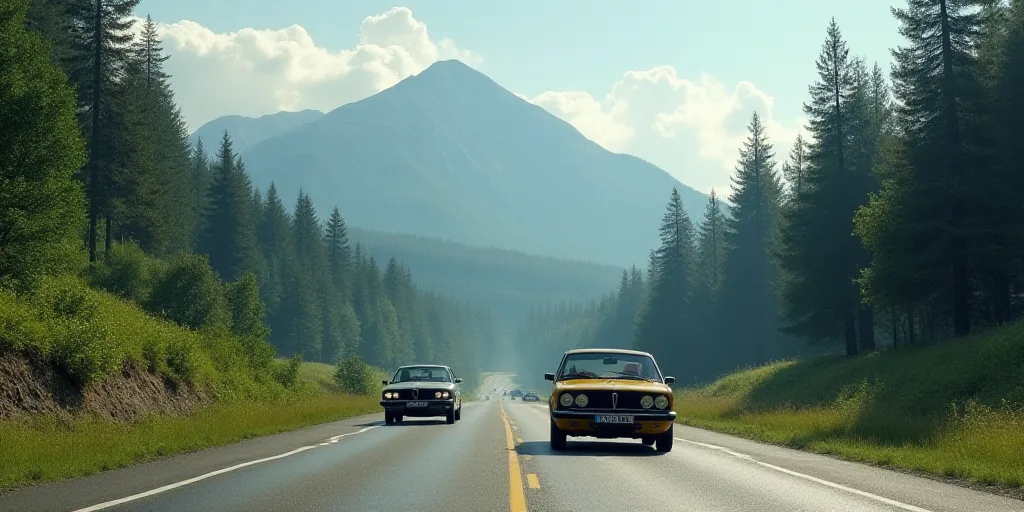 a couple of cars driving down a road next to a forest of trees and hills with a mountain in the back